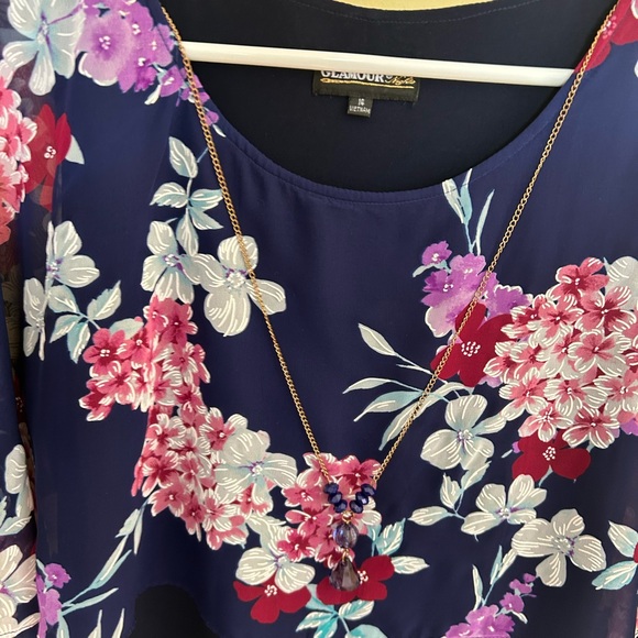 NWOT Floral Navy Dress with Sheer Floral Overlay, Cape Style & Perfect Details - Picture 4 of 12